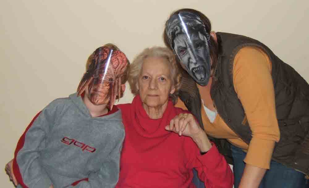 Mum with Heidi and Tyler with Doctor Who masks 15/12/07 at the Manor Home