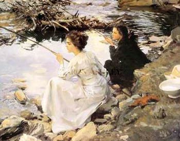 Girls fishing in 19th Century